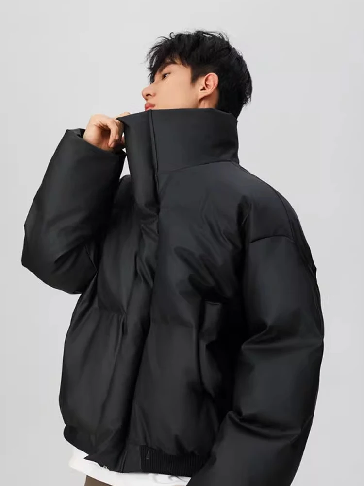 

Cleanfit Men's ort Thiened Warm Cotton Jaet American Sle Motorcycle Leather Coat Winter Outerwear with Stand Collar