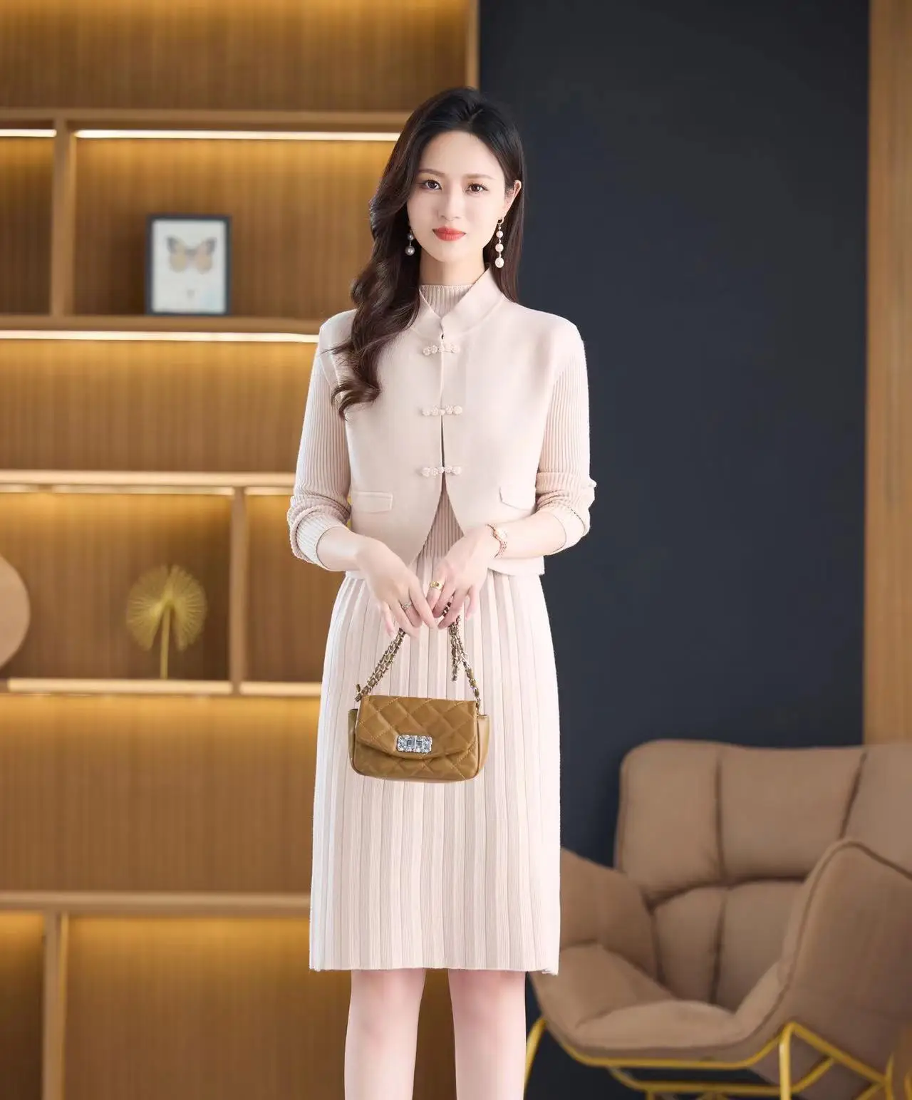 

2025 Autumn Solid Knitted Sweater Dress Two-piece Set Winter Women Vintage Sweater Dress Elegant Bodycon Party Chinese Dress