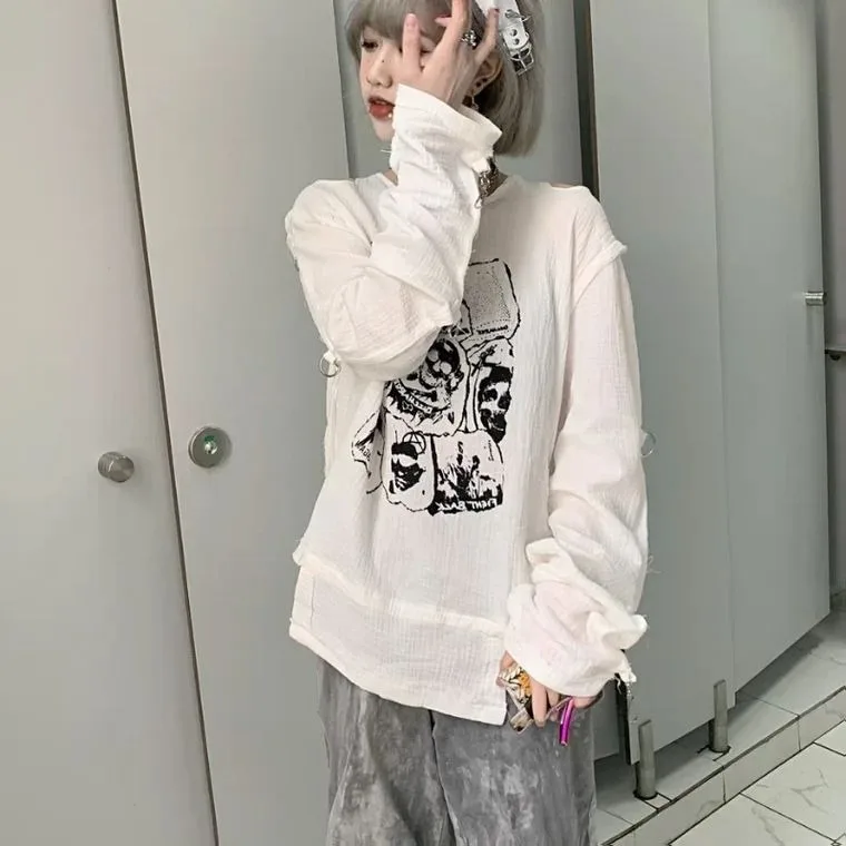 Camisa de manga longa t japonês 2024 primavera casual feminino branco punk camisas longas harajuku fora do ombro goth subcultura blusa topos