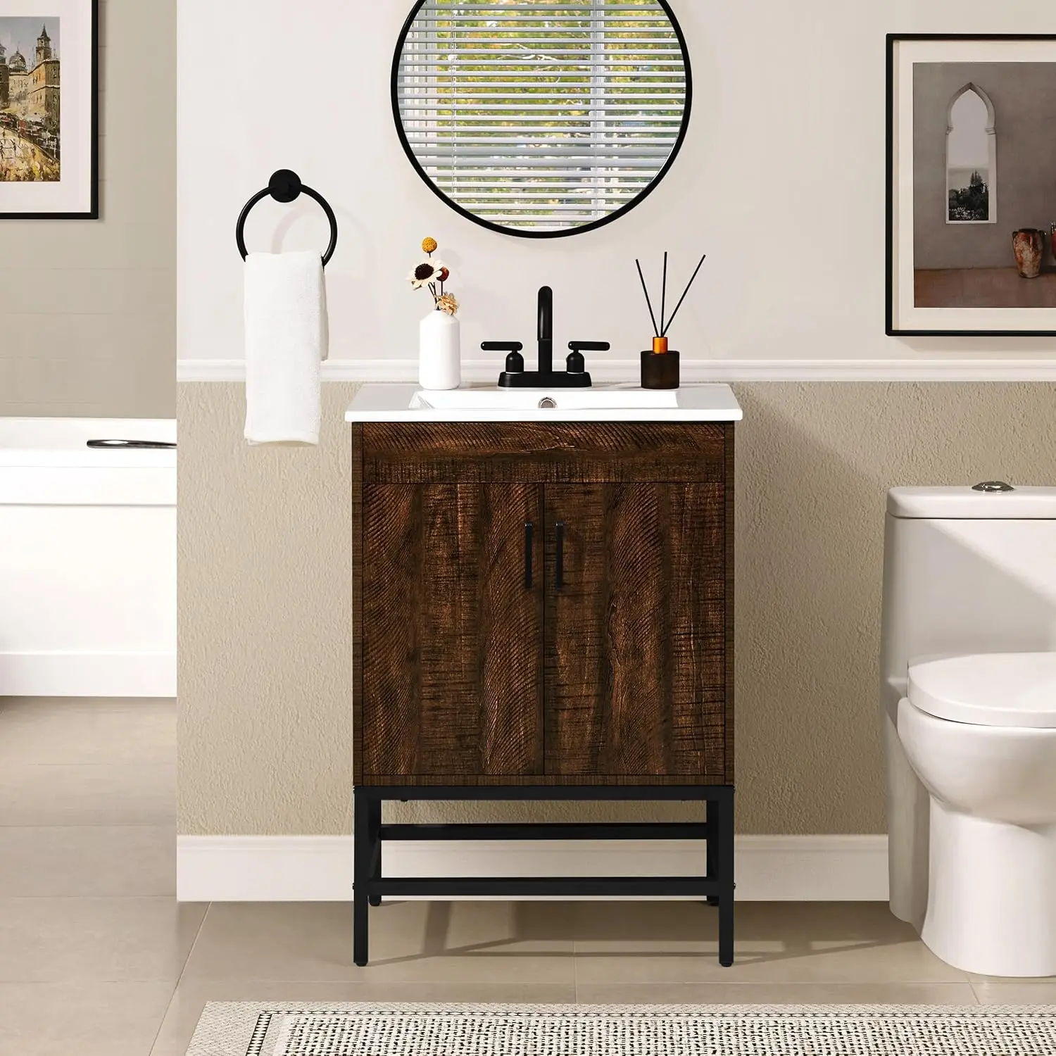 

24.5" Bathroom Vanity with Sink, Vintage Sink Cabinet with 2 Doors, Bathroom Vanities Cabinet with Combo Set, Dark Brown