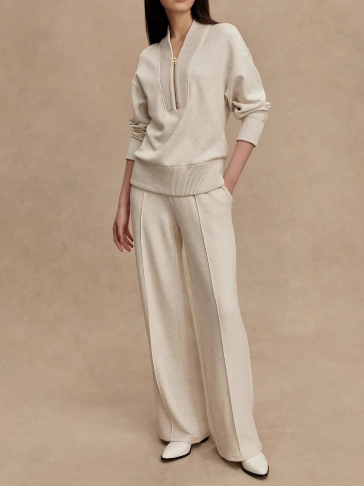 Elegante scollo a V con cerniera Top e pantaloni lunghi Set Tasca causale da donna Manica lunga Abito semplice Abbigliamento sportivo di moda Abiti da 2 pezzi lavorati a maglia