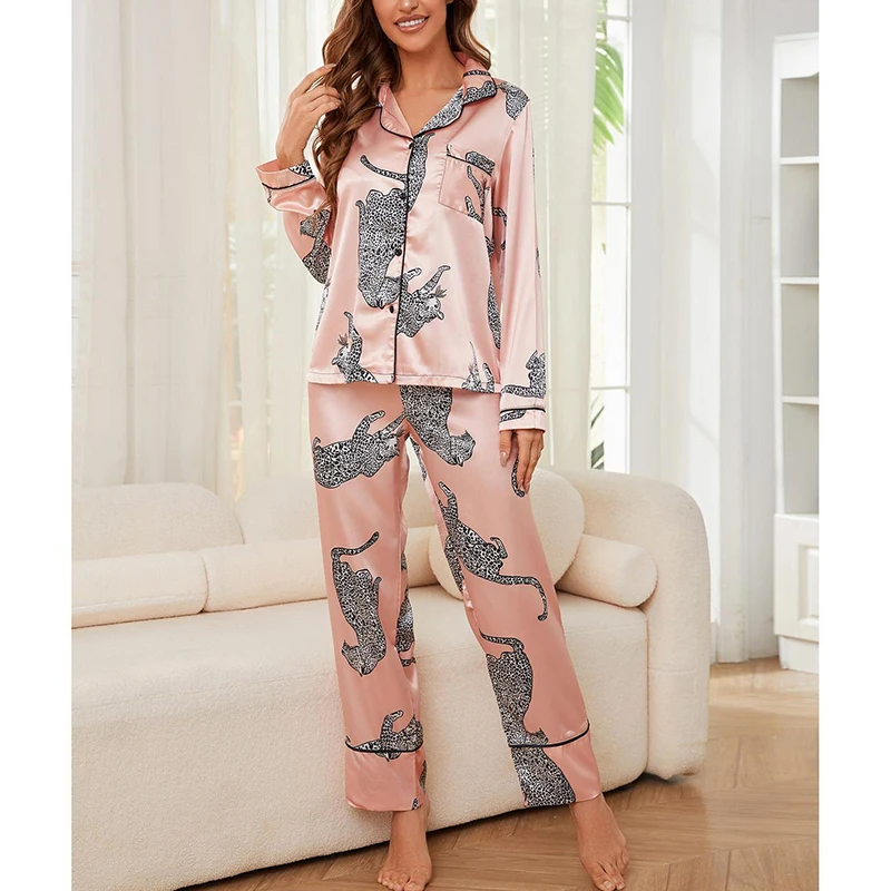 Silk Satin Print Pajamas For Women\'s Autumn Long Sleeve Cardigan Trousers Sets Button Home wear Suit Sleepwear Lapel Nightwear