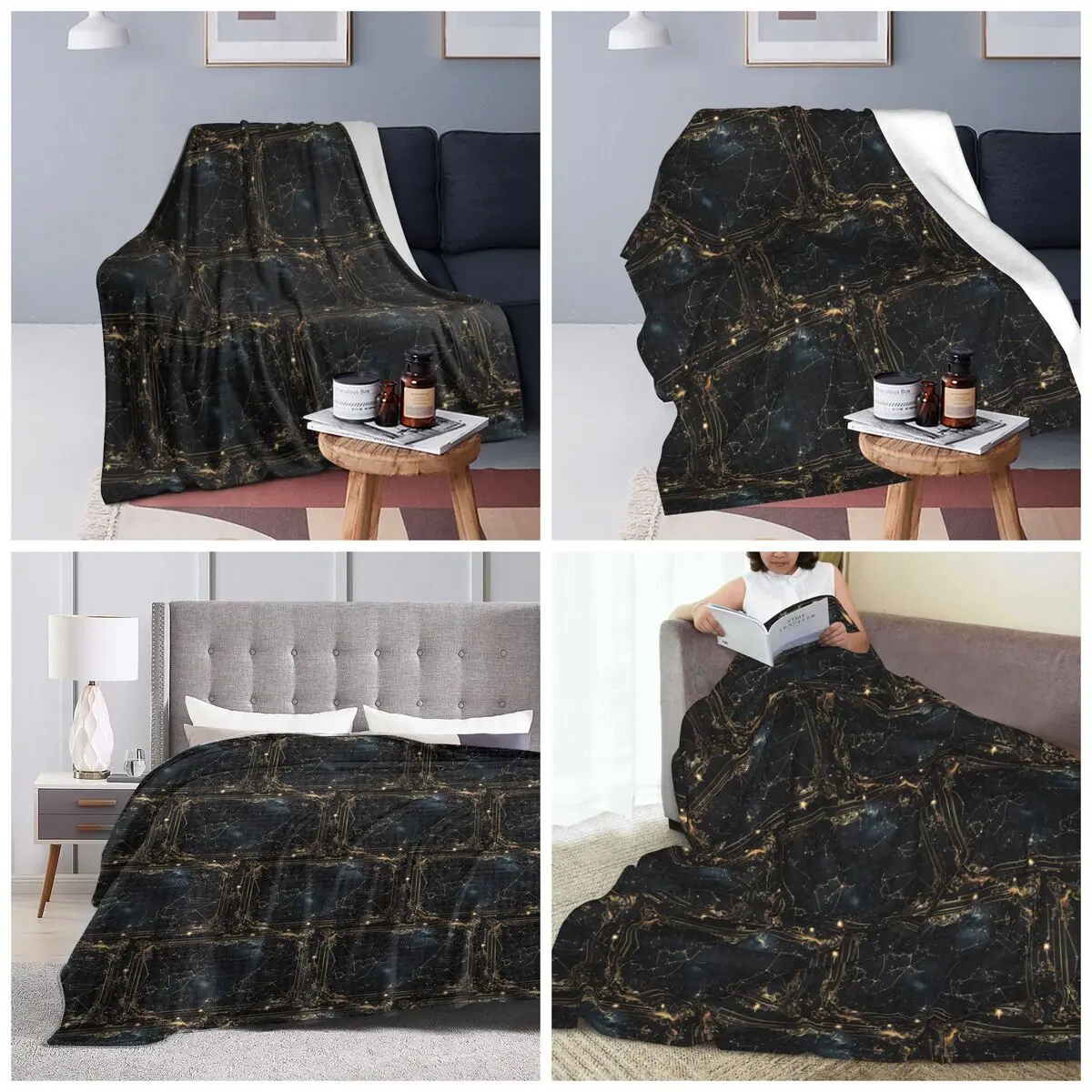Golden Celestial Stars Zodiac Constellations 8 Blanket Soft Warm Flannel Throw Blanket Cover for Bed Travel Home Couch