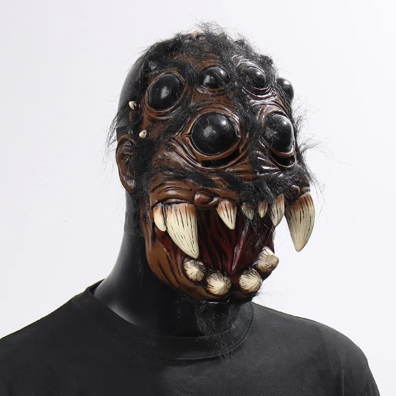 Creepy Multi-Eyed Spider Beast Latex Mask Sharp Fangs Mutant Creature Mask Halloween Haunted House Horror Cosplay Costume Props