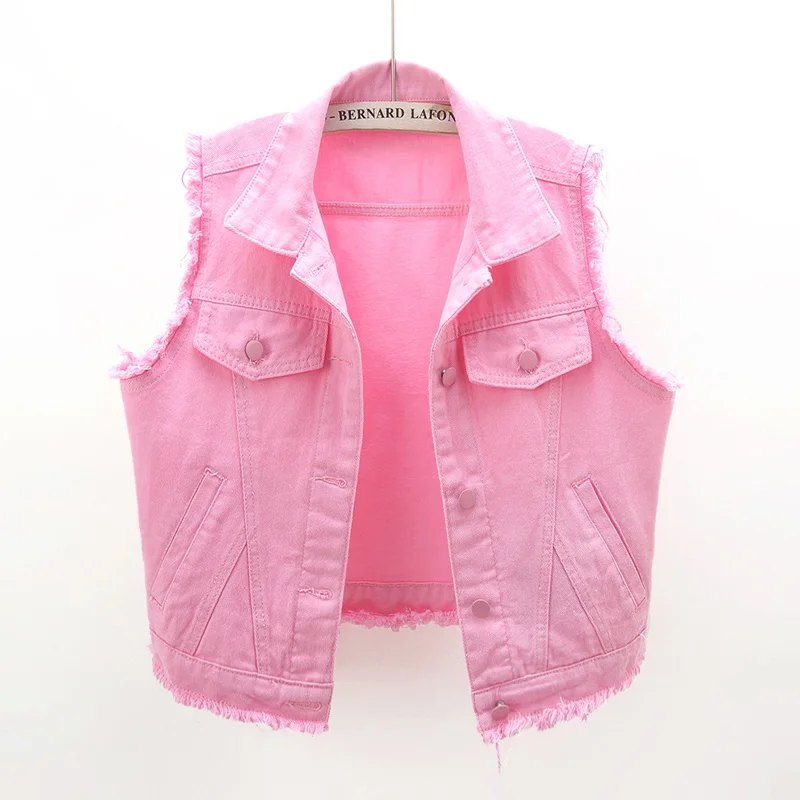 

Fashion Pink Denim Vest Women Student Waistcoat Big Pocket Burrs Cowboy Sleeveless Jacket Korean Loose Short Jeans Vests Female