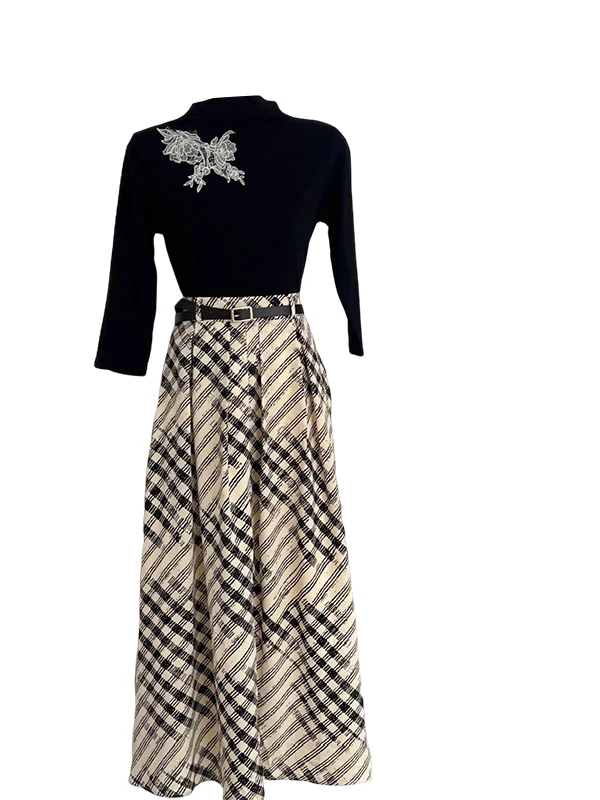 Ele Bla ホワイトチェック柄ニットトップとスカートセットハイネ刺繍ファイオナブルな秋の服装女性のスリムフィットアンサンブル