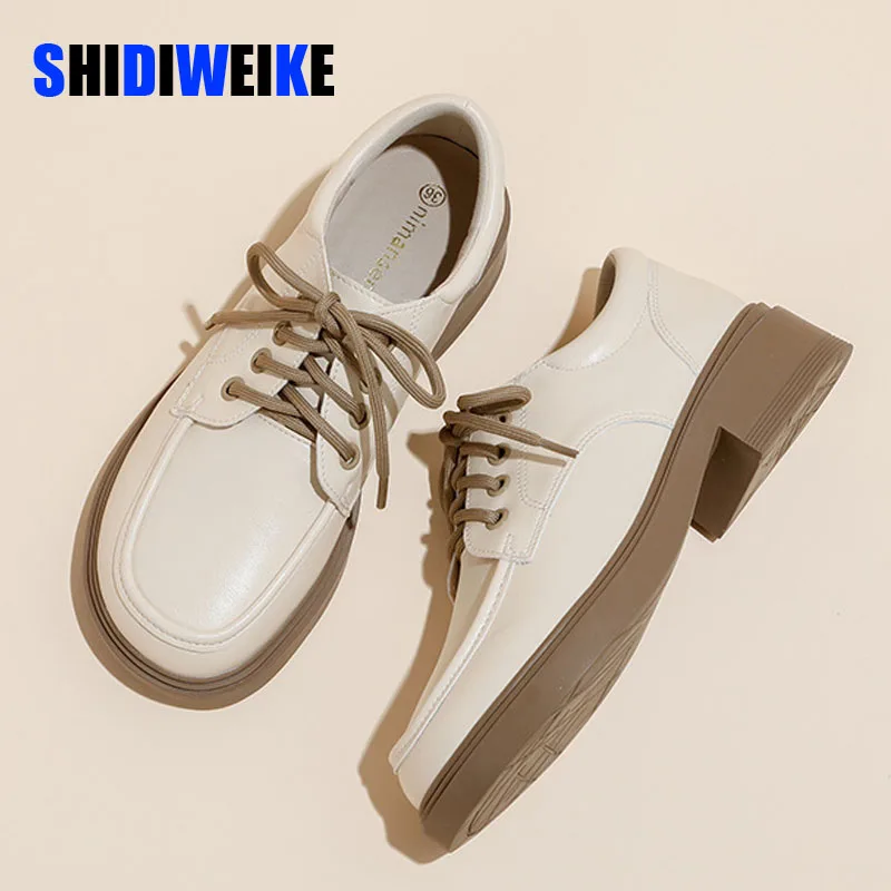 

SDWK spring autumn women's leather shoes british street style Lace up shopping and walking Flat platform casual loafers AD4220