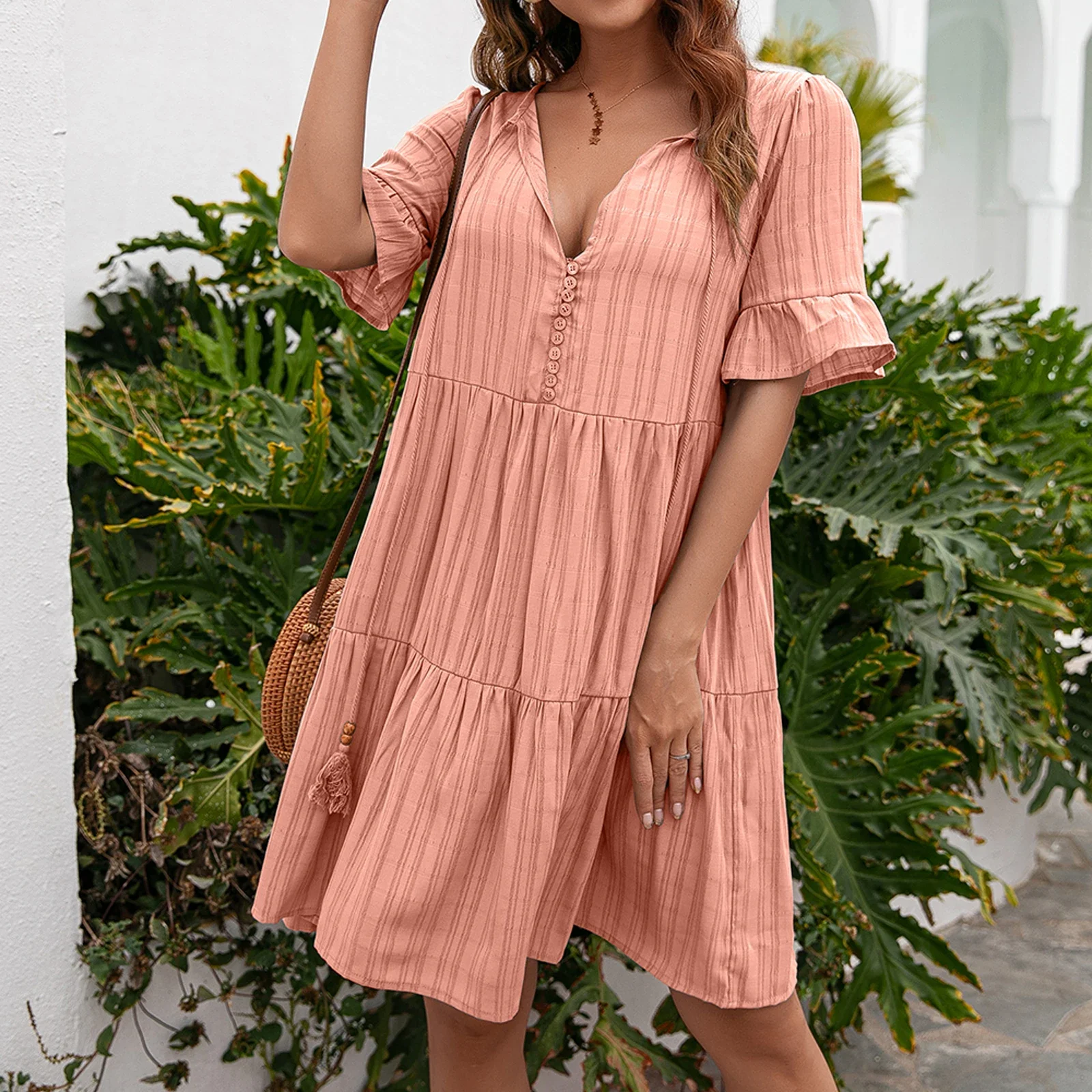 Women Summer Casual Loose Dress Solid Color V-neck Tie-up Short Sleeve Ruffle A-line Mini Dress Ladies Clothing