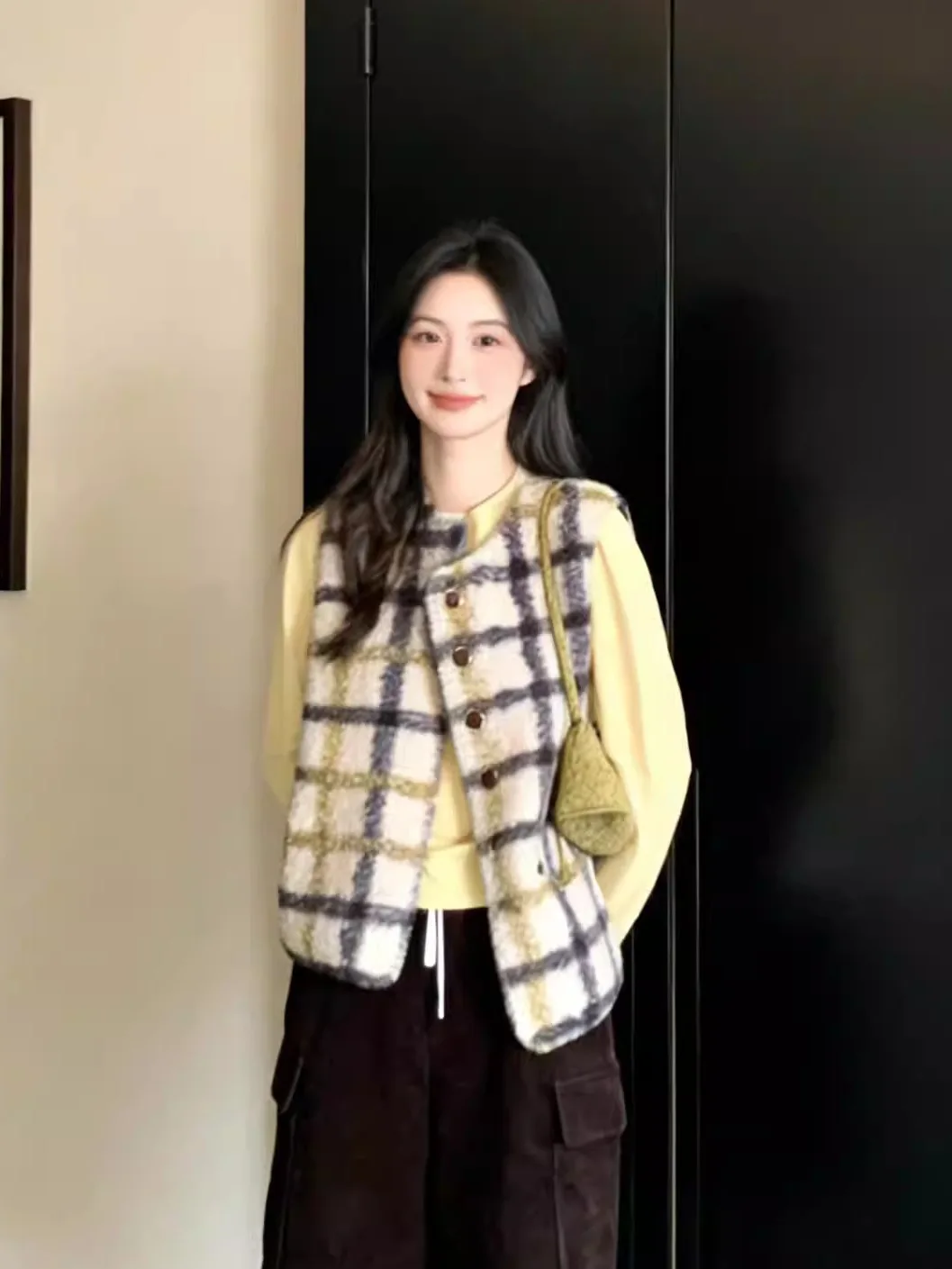 

Корейский модный жилет из овечьей шерсти в клетку с воротником-стойкой, женский, весенний, новый, свободный, простой, элегантный, верхняя одежда Morning Bell Evening Song