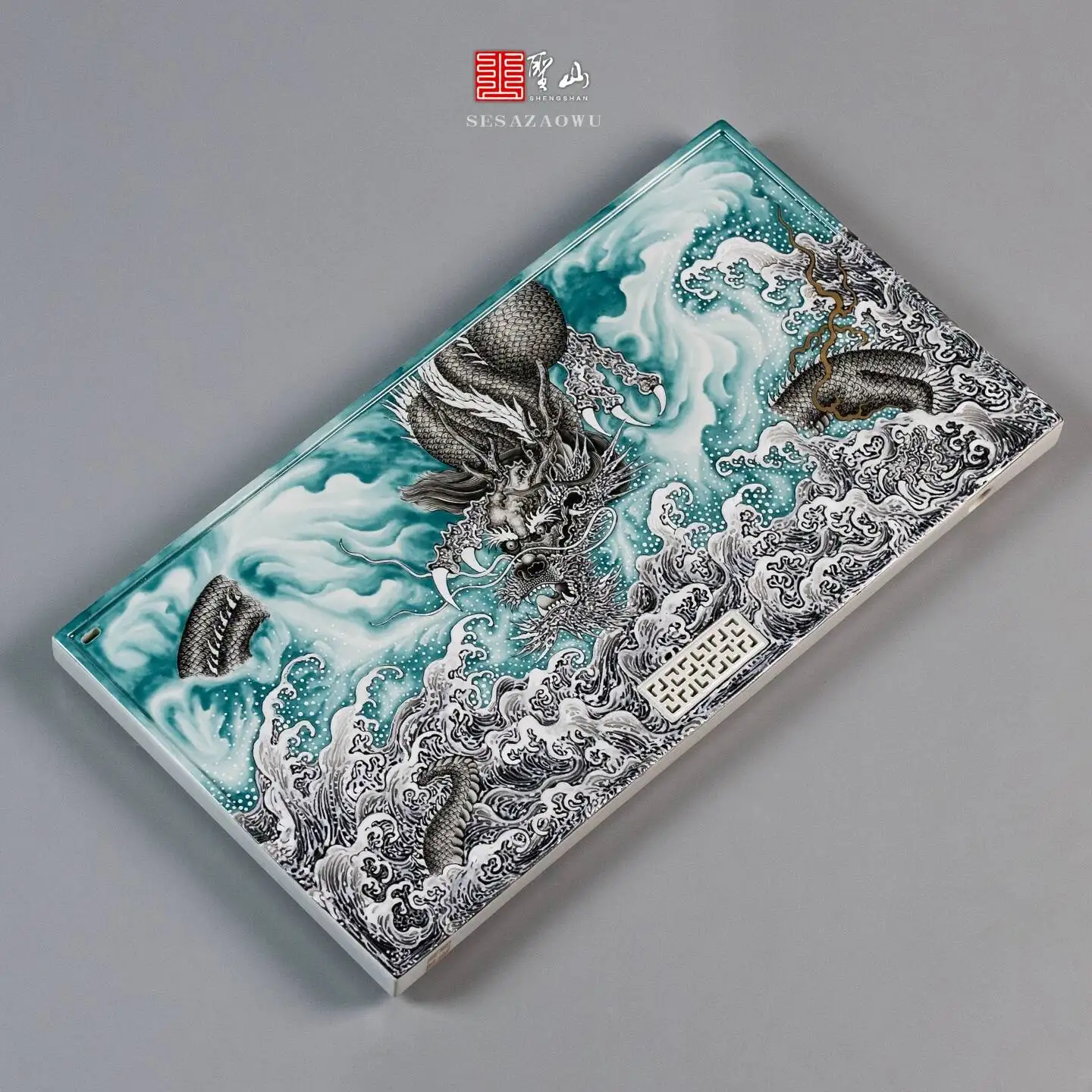 Hand-Painted High-End Pastel Turquoise Trendy Sea Dragon Jingdezhen Handmade Ceramic Set Table Dry/Wet Tea Tray