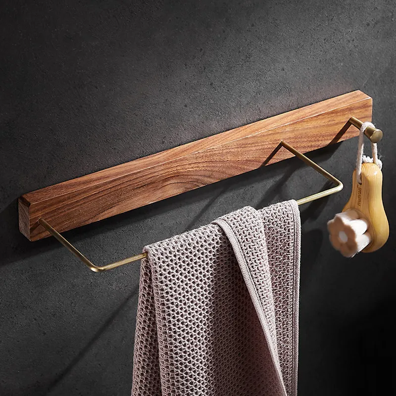 

Solid Wood Bathroom Towel Bar Brushed Gold Towel Rack Wall Hanging Coat Hook Bathroom Storage Rack 30cm-45cm Towel Rod