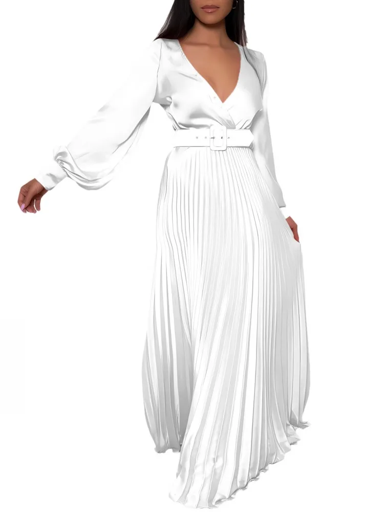 

White Long African Dresses For Women Gowns Party Robe Africa Clothes Sexy V-neck High Waist Pleated Dress Maxi Long Sleeve Dress