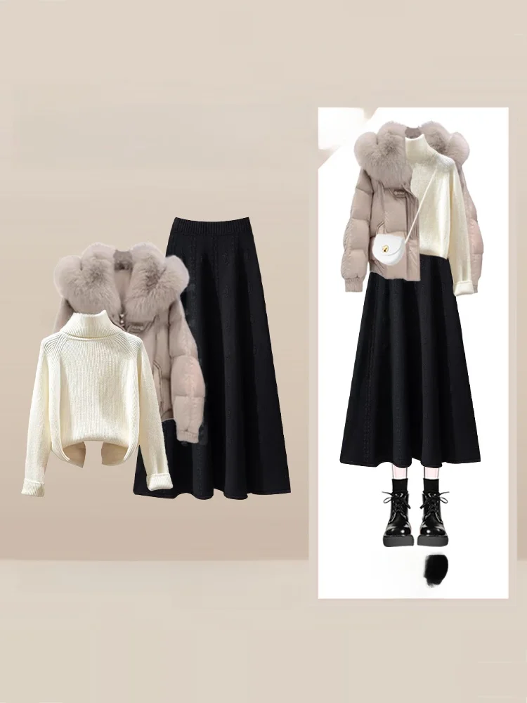 

Теплый хлопковый тюре с меховым воротником, свитер, юбка, комплект из футболки, женский зимний свободный комплект, модный Ense...