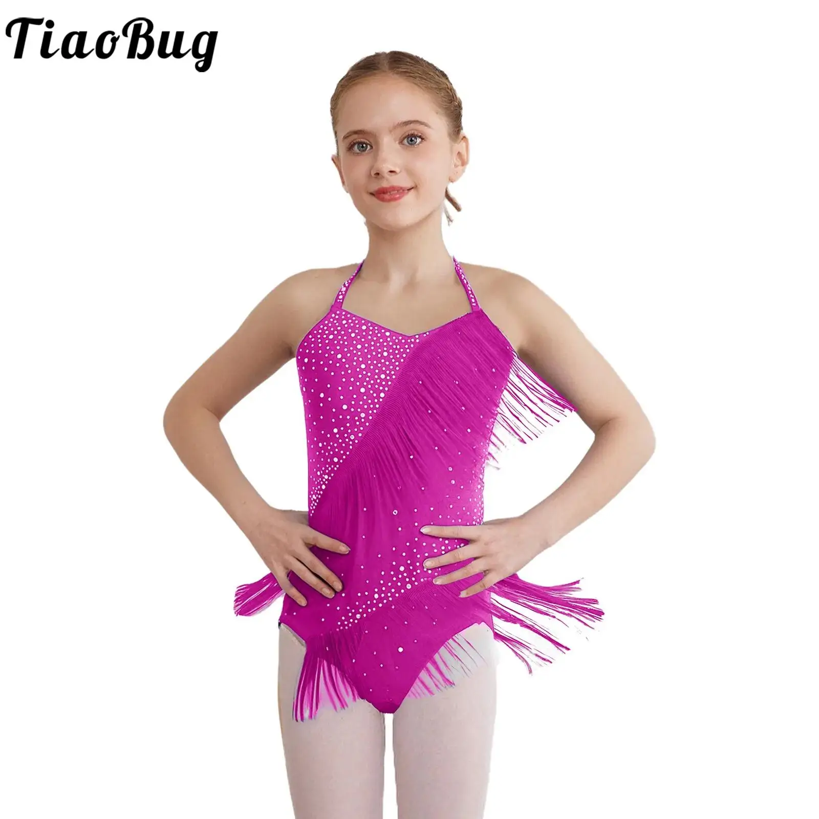 

Kids Girls Jazz Latin Dance Dress Shinny Rhinestones Dance Tassels Leotards Bodysuit Show Stage Performances Competition Costume