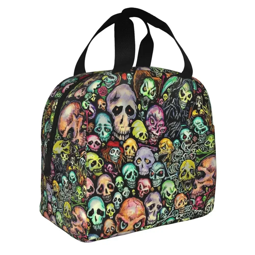 Horror Skeleton Skull Thermal Insulated Lunch Bag Women Halloween Macabre Art Lunch Tote for School Storage Food Bento Box