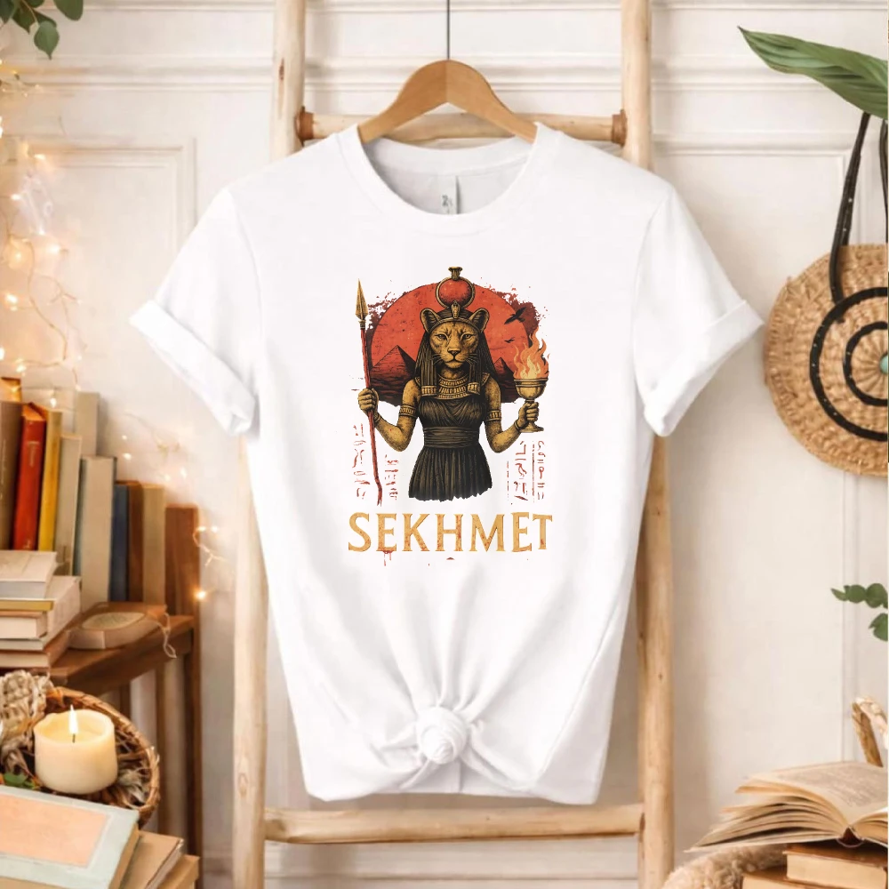 Distressed Sunset Sekhmet Lion Goddess Spear and Fire Cup Graphic T-Shirt Vintage Egyptian Deity Back Print Cotton Retro Tee