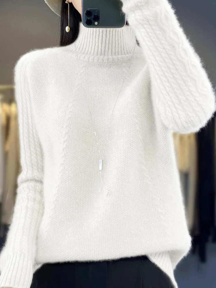 Autumn Winter Thick Women Sweater 100% Merino Wool Turtleneck Pullover Long Sleeve Twisted Cashmere Knitted Female  Clothing