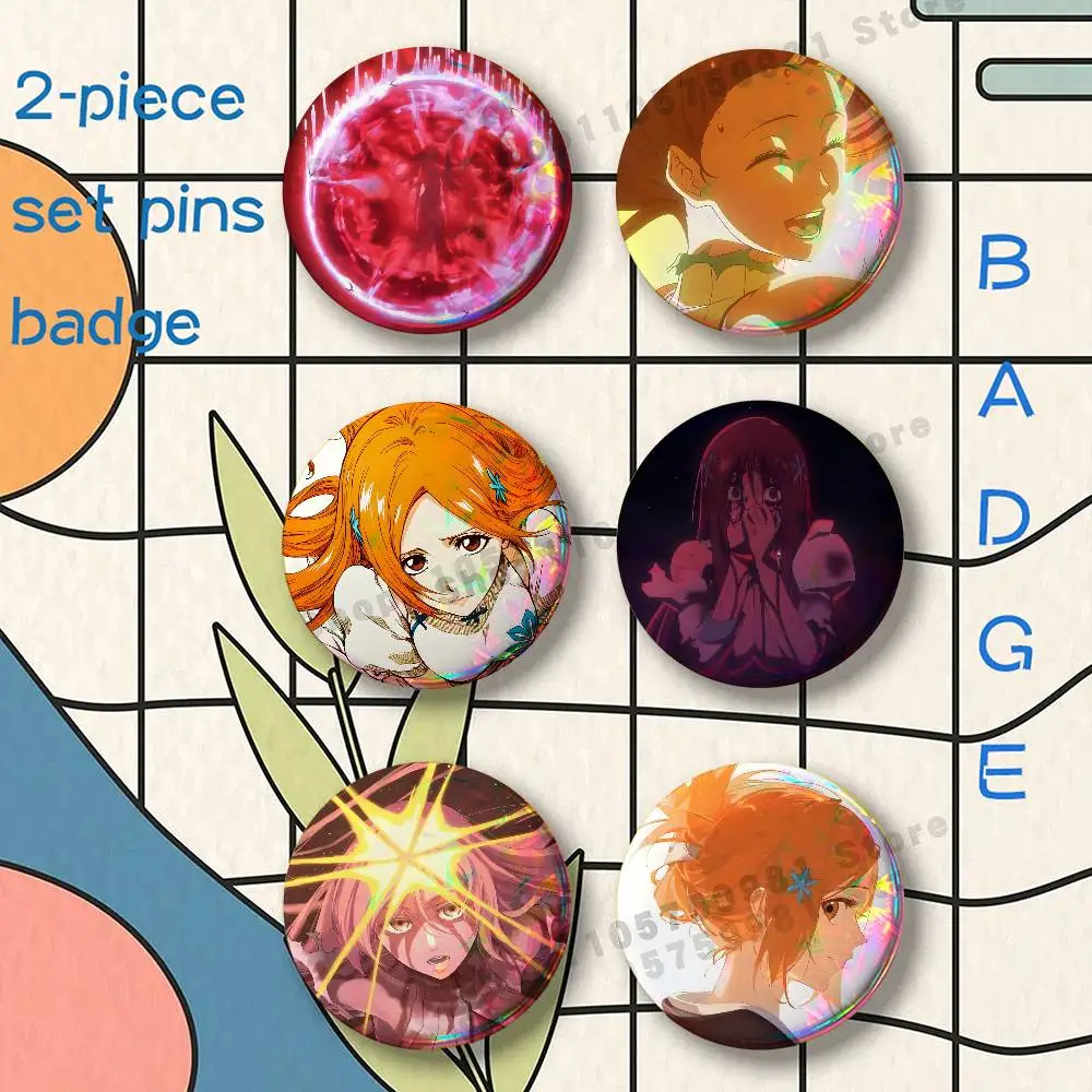 Cartoon Inoue Orihime BLEACH Brooches for Backpack Accessories 25 32 44 58 75mm Round 2-piece set Free Mix