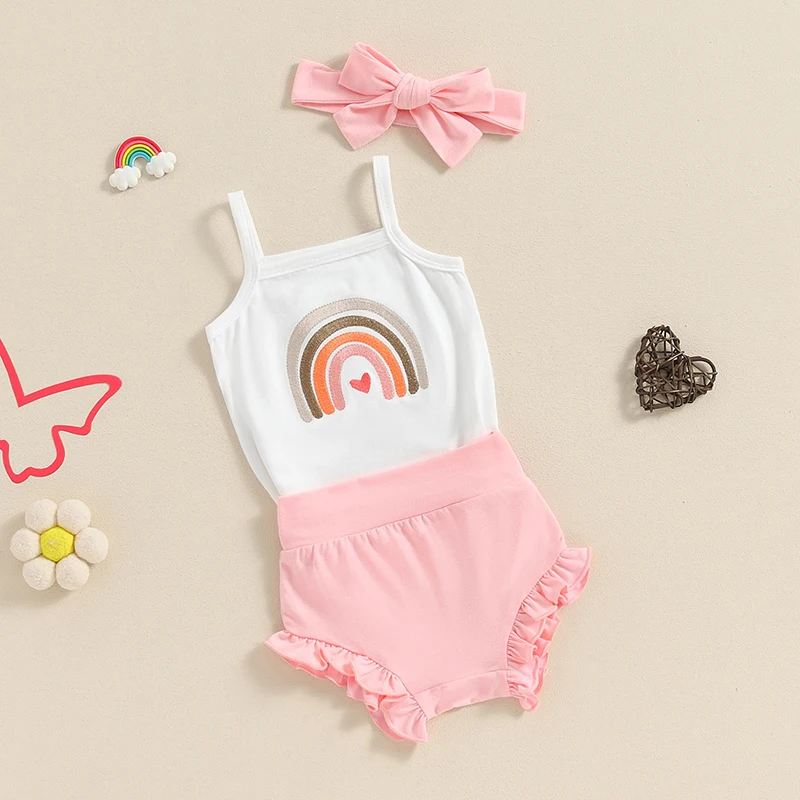 Baby Girl Summer Clothes Rainbow Embroidery Sleeveless Romper and Elastic Ruffle Shorts Headband Set 3 Piece Outfits