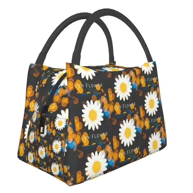 White Sunflower Prints Insulated Lunch Bags for Women Sun Flower Portable Thermal Cooler Bento Box Hospital Office