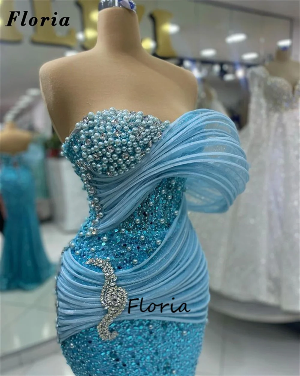 Vestidos de noite azul fora do ombro, Beading elegante, Festa de casamento, Dubai Mermaid Cocktail Dress, Mais novo, 2022, 2024