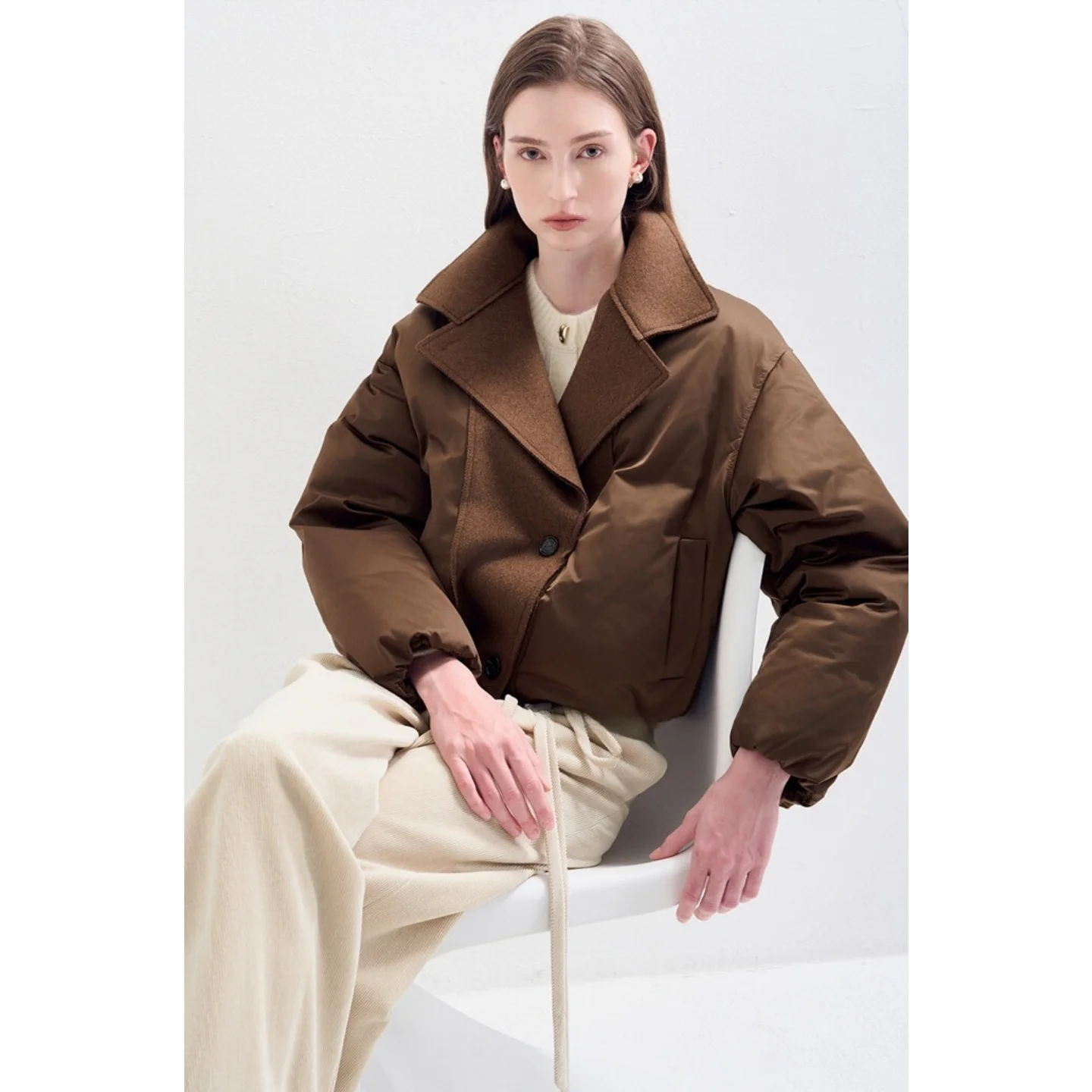 00 lã camere retalhos para baixo jaet gola commuter versátil calor feminino faion outerwear casaco