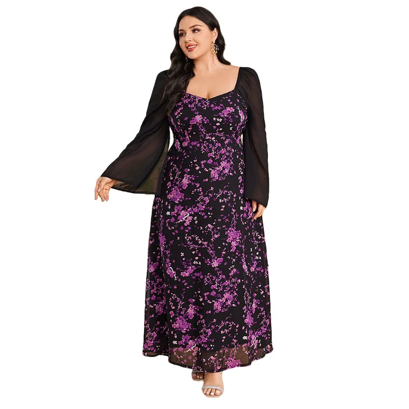 Plus Size Evening Dresses Fashion Muslim 2024 New High end Fashion Split Sleeve Dress Printed Patchwork Long Sleeve Casual Dress