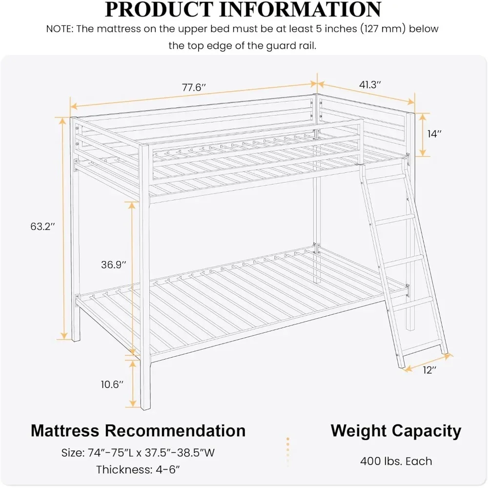 Twin Over Twin Metal Bunk Bed for Juniors, Industrial Twin Bunk Beds Frame with Inclined Stairs & Full-Length Guardrail