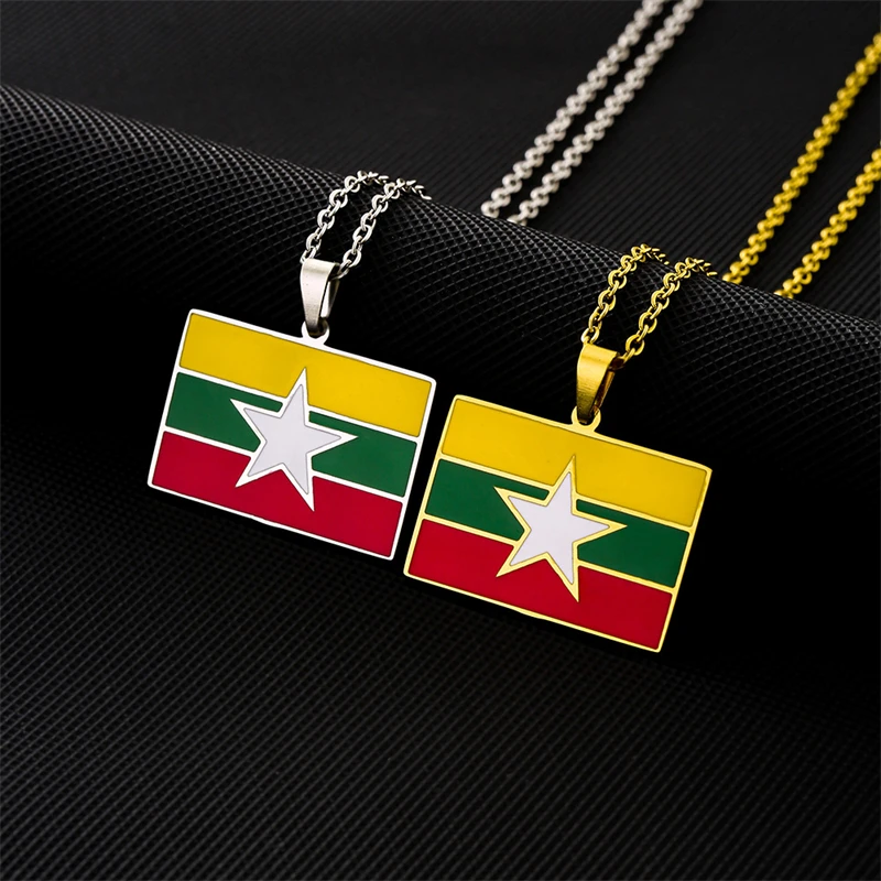 Enamel Drop Oil Myanmar Flag Pendant Necklace For Women Gold Color Stainless Steel Jewelry Ethnic Party Birthday Gift