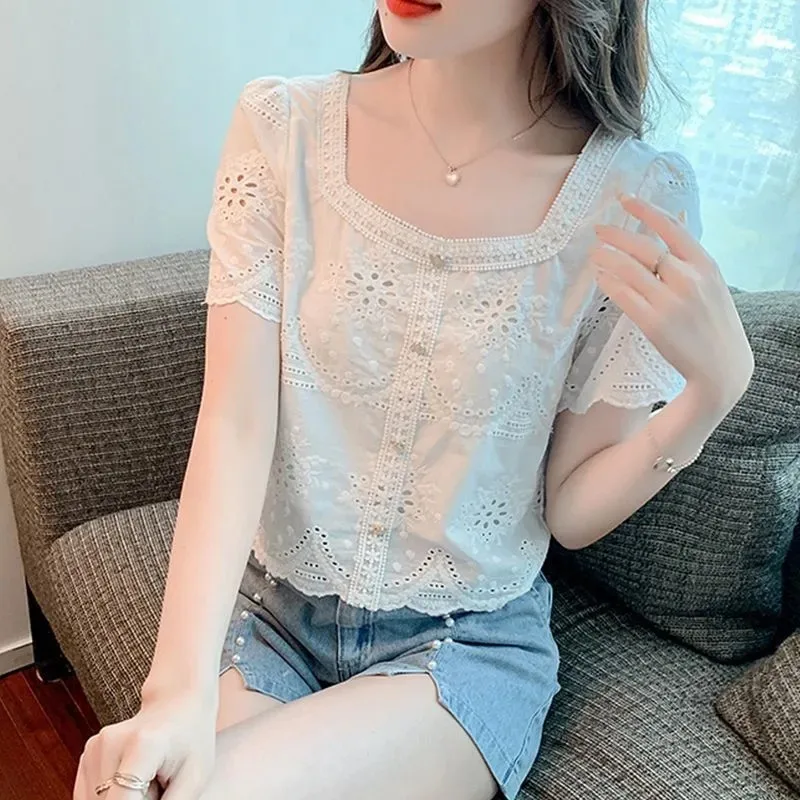

Women's Square Neck Eyelet Embroidered Blouse Short Sleeve Lace Trim Casual Top