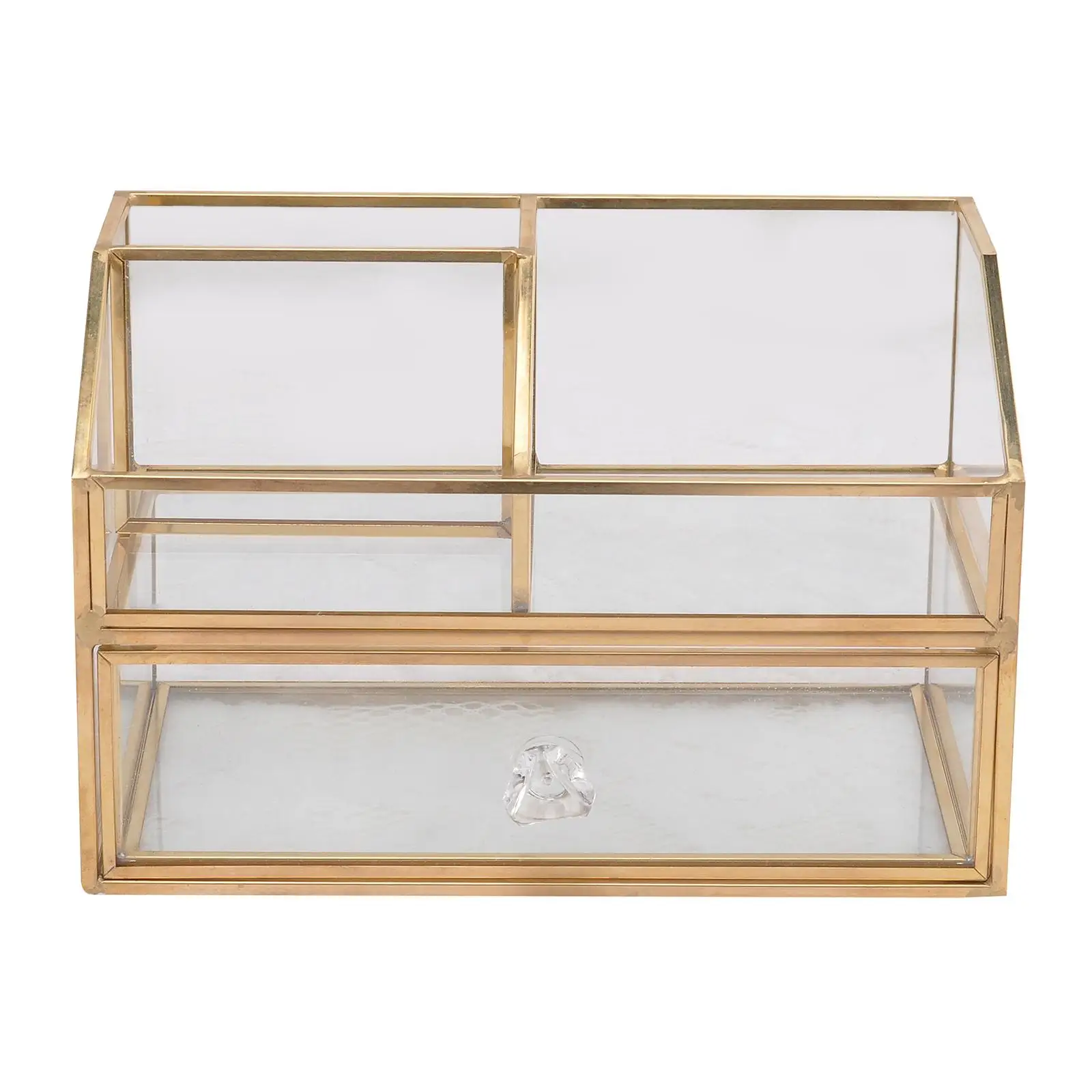 Caja de vidrio transparente de lujo, estuche de almacenamiento de joyería de Metal en tono dorado, soporte para lápiz labial, maquillaje cosmético, organizador con cajón