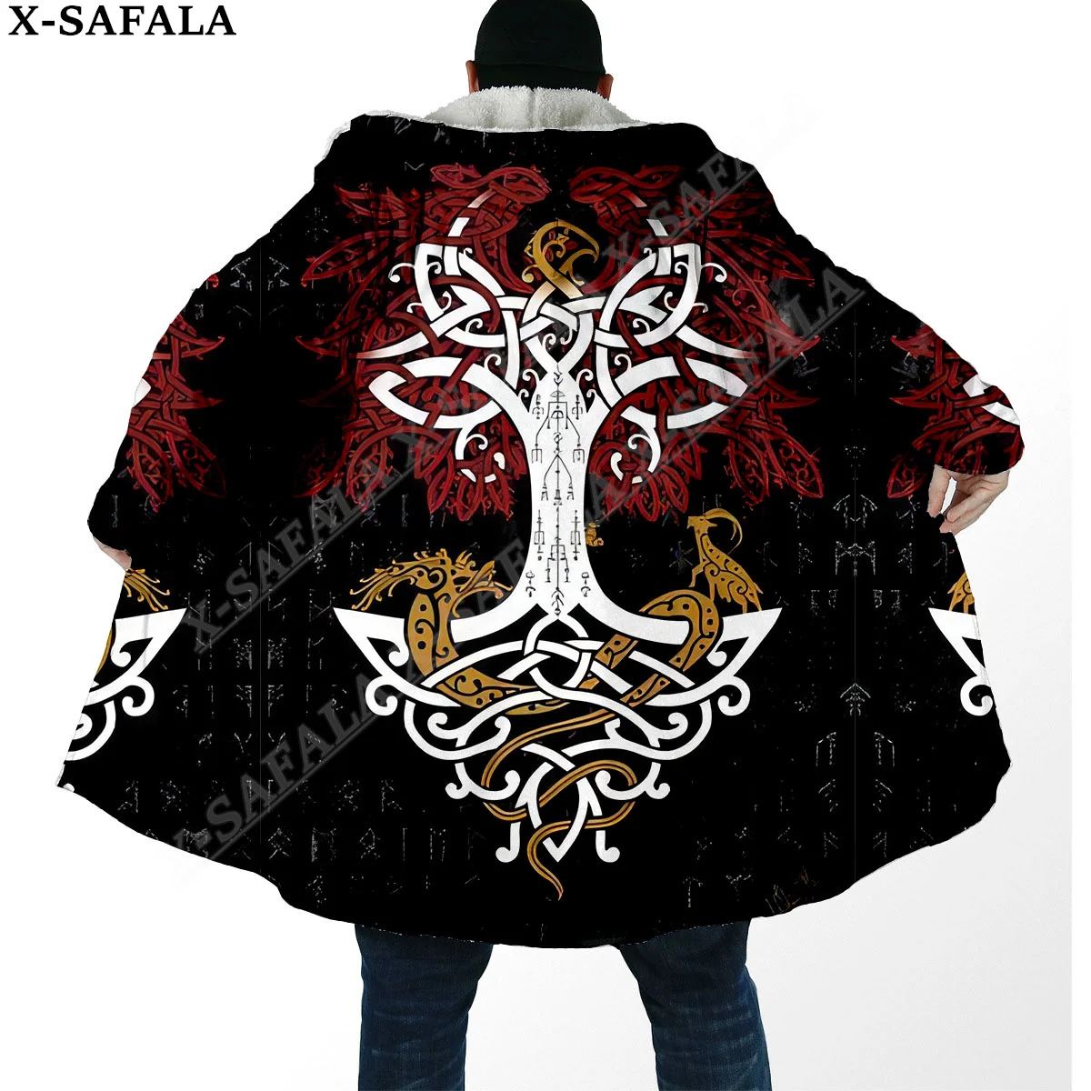 Wolf Raven Tattoo Symbol Viking Odin Tree of Life Overcoat Coat 3D Print Thick Warm Hooded Cloak  Men Windproof Fleece Unisex-1