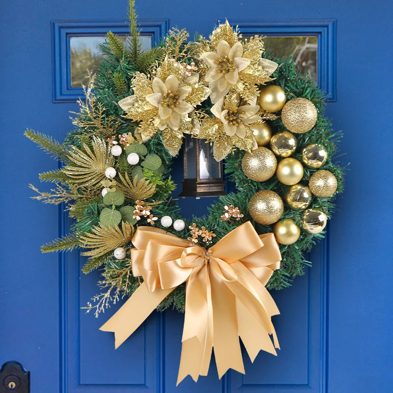 

2024 Gold Ball Flower Christmas Wreath Garland with Light for Front Door Xmas Tree Pine Rattan Wreath Hanging Ornament New Year