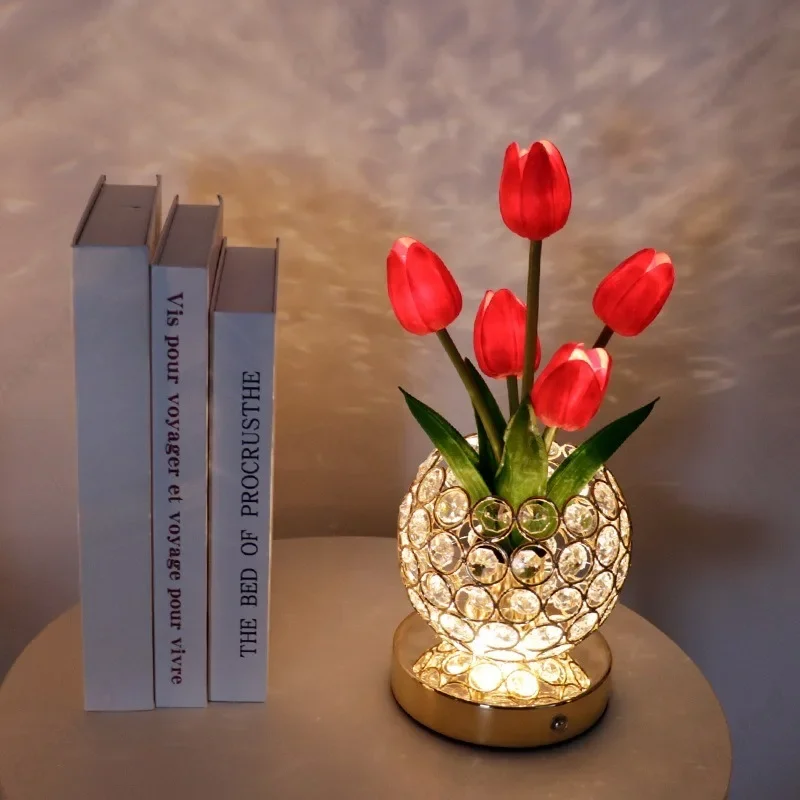 Creative LED Tulip Simulation Flower Pot Ornament Crystal Atmosphere Lamp Indoor Bedroom Bedside Decoration Lighting Fixture