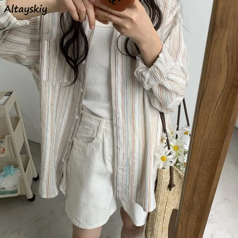 Korean Style Retro Temper Striped Shirts Women Autumn Loose Lazy Sun-proof Breathable Comfort Harajuku Fashion Streetwear Unisex