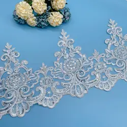 Delicate 1Yard Ivory Sequin Cording Fabric Flower Venise Venice Mesh Lace Trim Applique Sewing Craft for Wedding Dec. 22cm