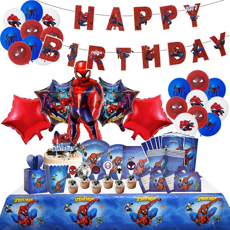 Ballon en Latex en aluminium pour décoration de fête d'anniversaire SpiderMan, vaisselle jetable pour enfants, toile de fond, fournitures pour événements, numéro de motif