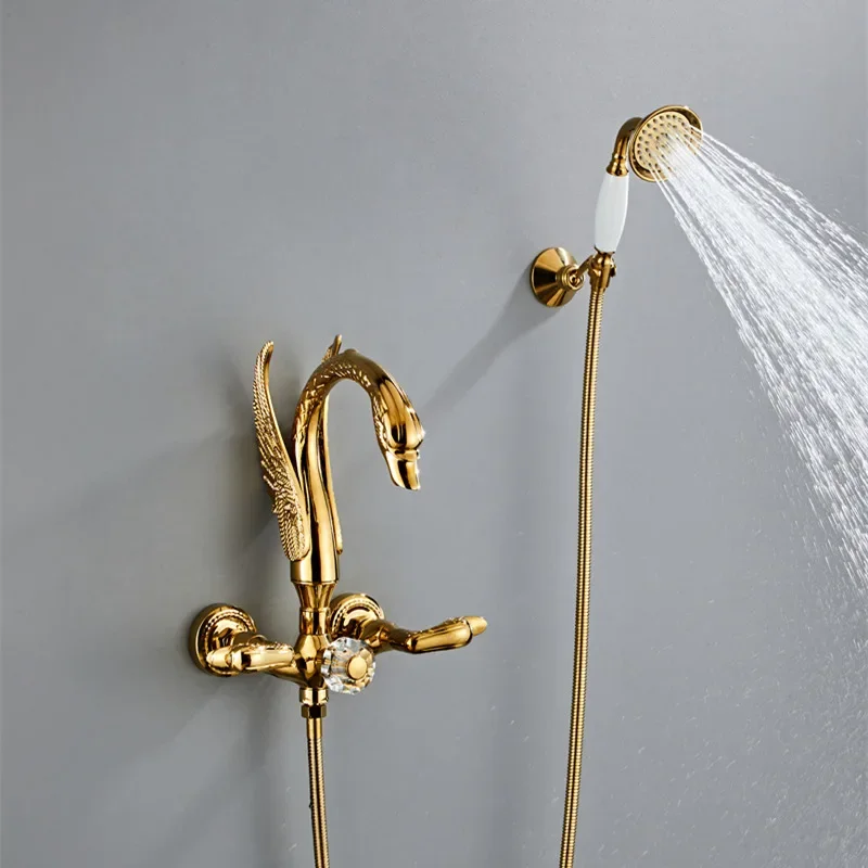 

Gold Bathtub and Shower Set Wall Mounted Gold Swan Bathtub Faucet, Bathroom Cold and Hot Bath and Shower Mixer Tap