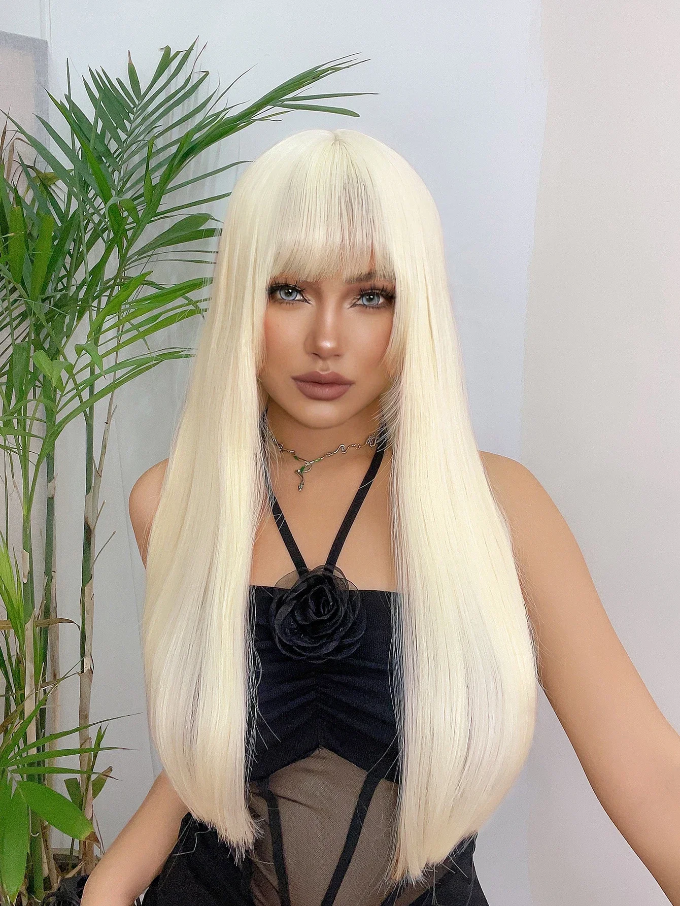 

24Inch Blonde Synthetic Wigs Hime Cut With Bangs Long Natural Straight Hair Wig for Women Hime Cut Daily Use Heat Resistant