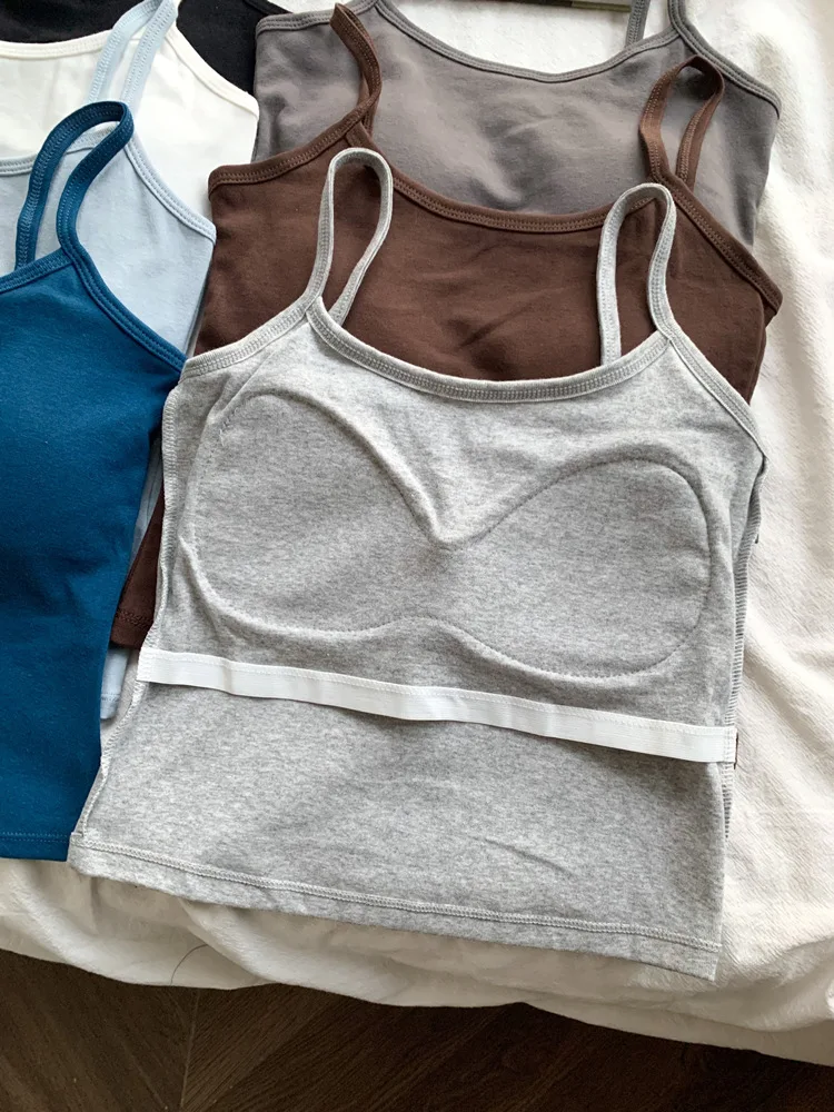 Pure Color Thin Strap Vest Breathable Gathered Back Tank Top Women's Mid-Length Slimming Bra-Free Underwear Tank Top