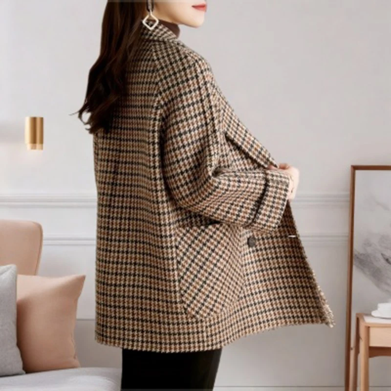 Vintage Houndstooth Wool Blazer Women Winter Thick Warm Double Breasted Lapel Coats Y2K Korean Loose All-Match Blends Outerwear