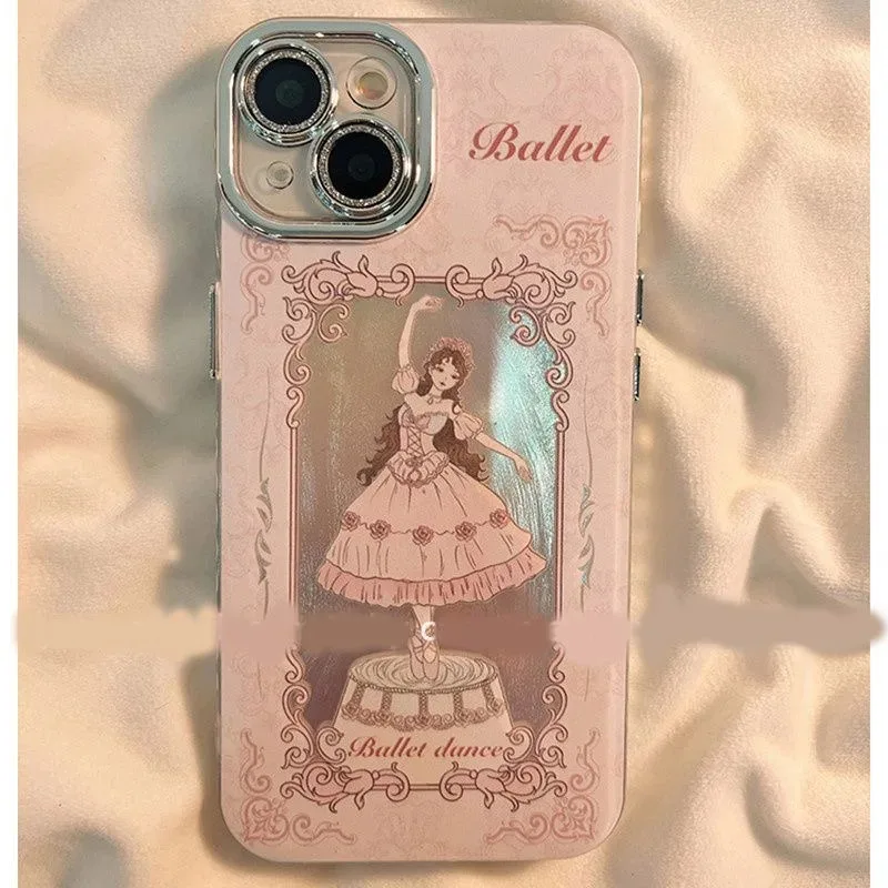 

Luxury pink Ballet Girl plating silver Case protection for iPhone 16 15 13 12 11 14 Pro Max XS XR 7 8 16 Plus X SE Coque