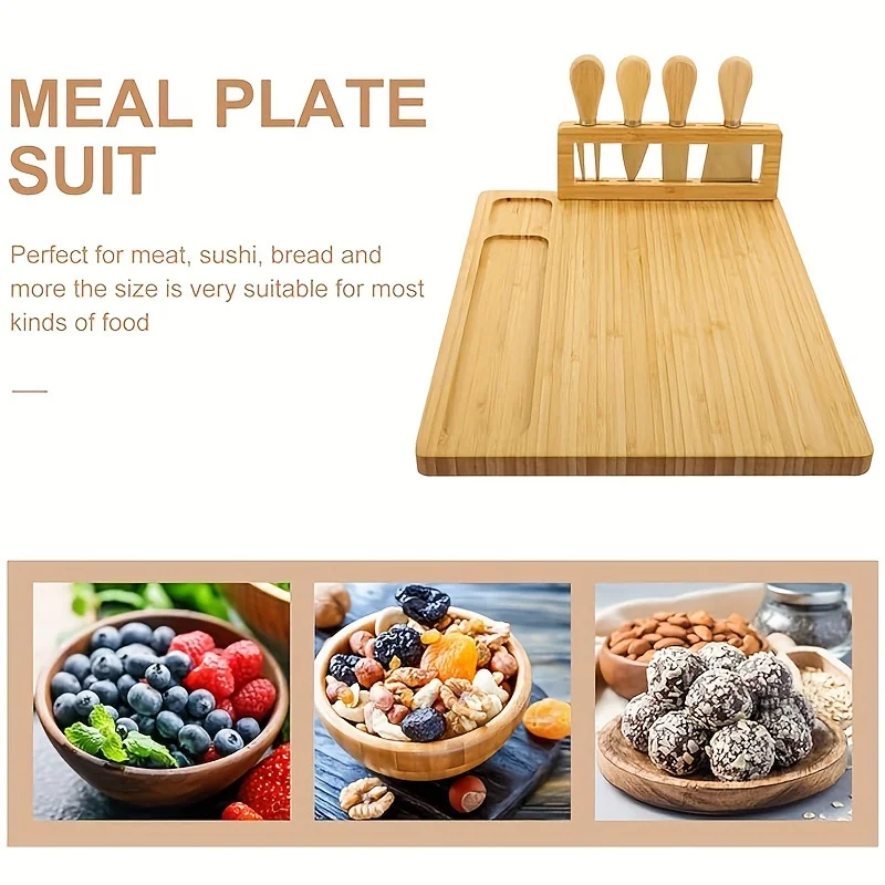 5pcs， High quality bamboo cheese board with 4 cheese knives, breadboard, service plate, cheese knife, fork, shovel, kitchen cook