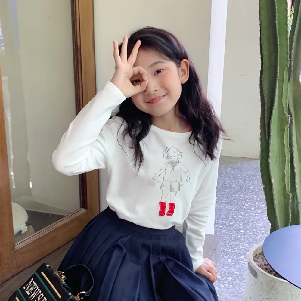 الخريف الاطفال قمم طفلة الملابس الكرتون فتاة صغيرة نمط بسيط الحلو طويلة الأكمام تي شيرت القطن جولة الرقبة أعلى