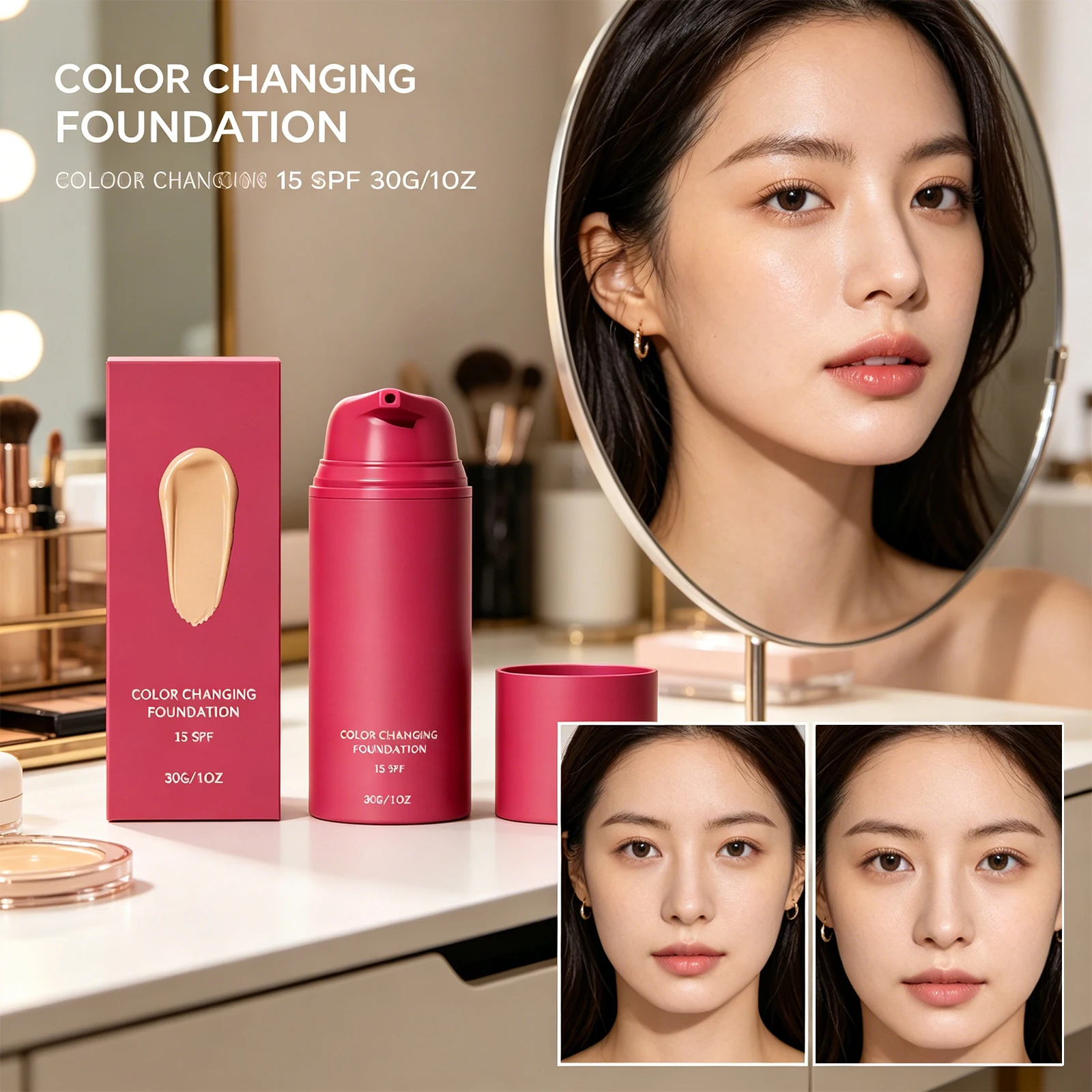 Warm Color Changing Foundation Natural Tone Adapting Long Lasting Bright Smooth Lightweight Makeup Waterproof Base Concealer 30g