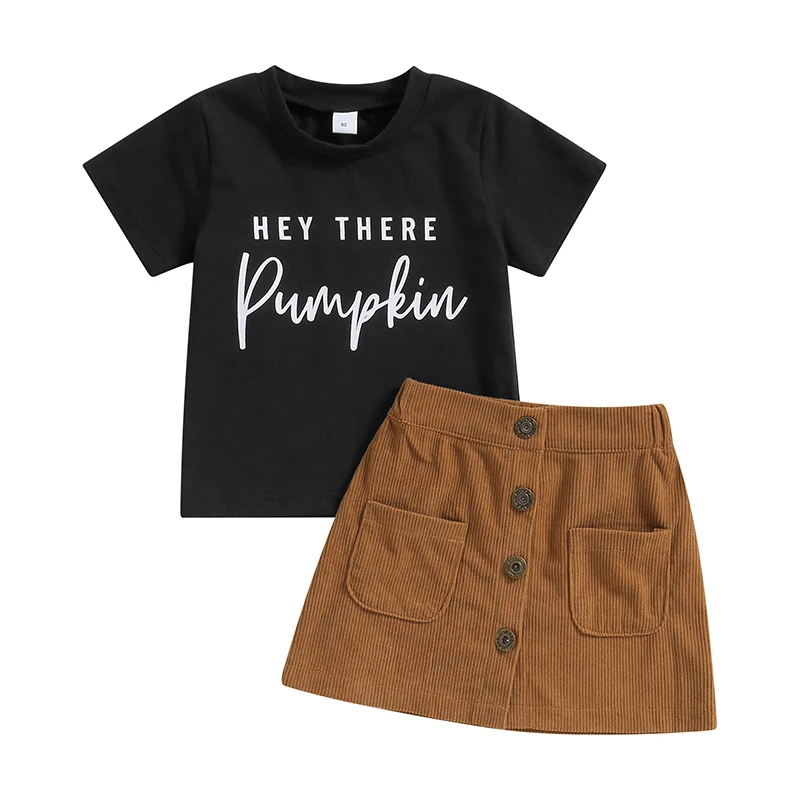 

Kids Girls Skirt Set Short Sleeve Crew Neck Letters Print T-shirt with Corduroy Skirt Halloween Outfit