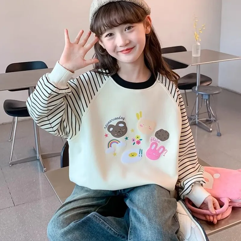 Girls' 2025 New Spring/Autumn Round Neck Cartoon Crewneck Viral Stylish Mid-Big Kids Sweatshirt Top