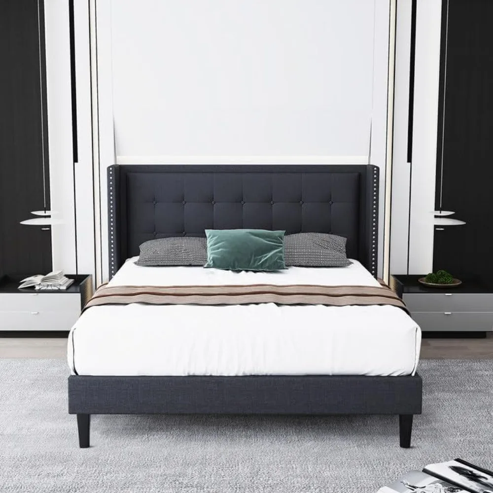 Bed frame, with padded headboard, solid frame and plank support, non slip and noiseless, no spring mattress, easy to assemble