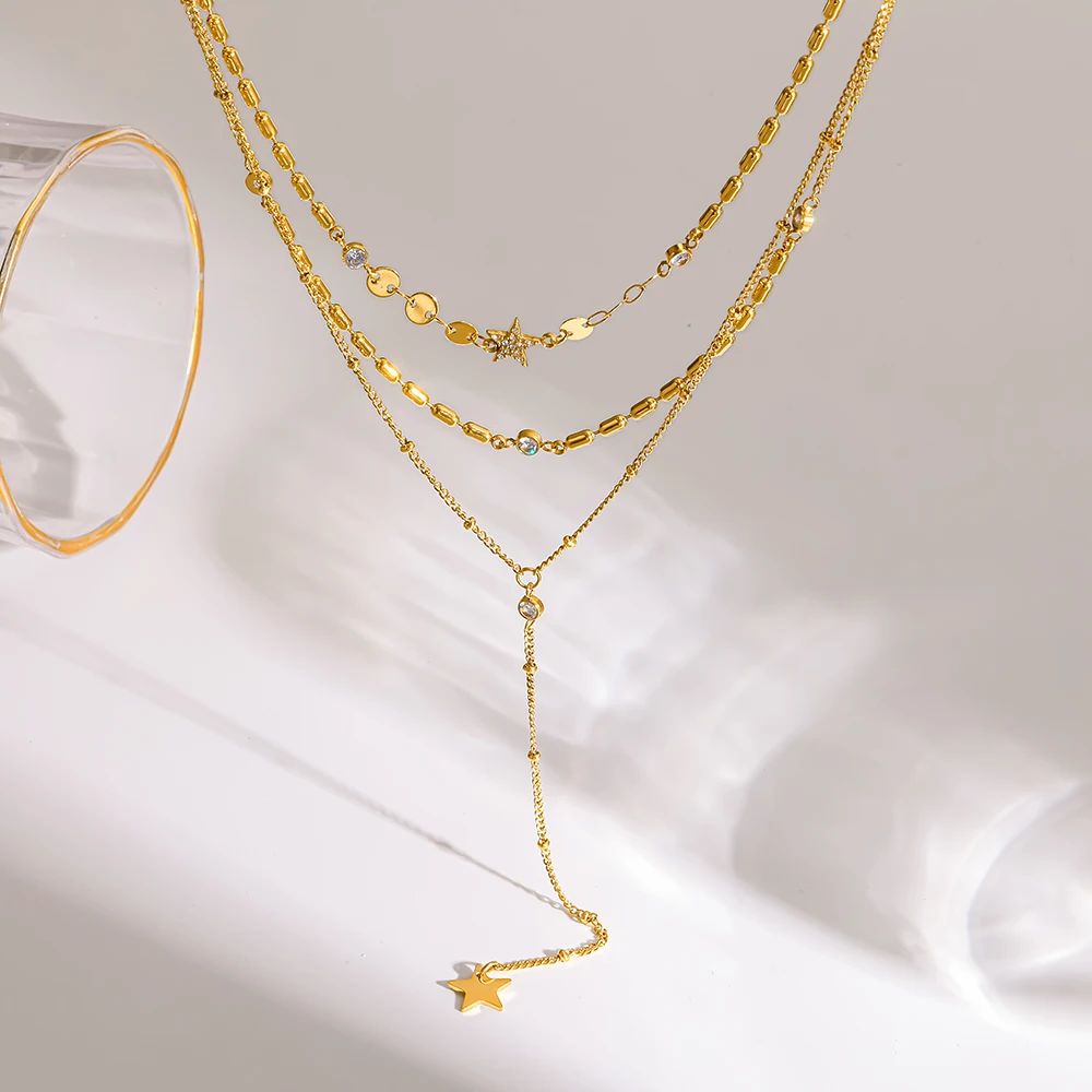 

18K Gold Plated Three-Layer Star Y-Necklace Stainless Steel Zirconia Collar Chain Fade-Resistant Dainty Jewelry for Women Gift