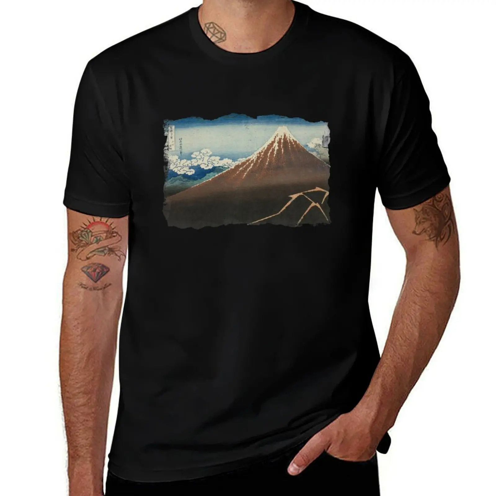 Hokusai 'Shower Below The Summit' Japanese Art Distressed Look T-Shirt Quick Dry Travel T-Shirt